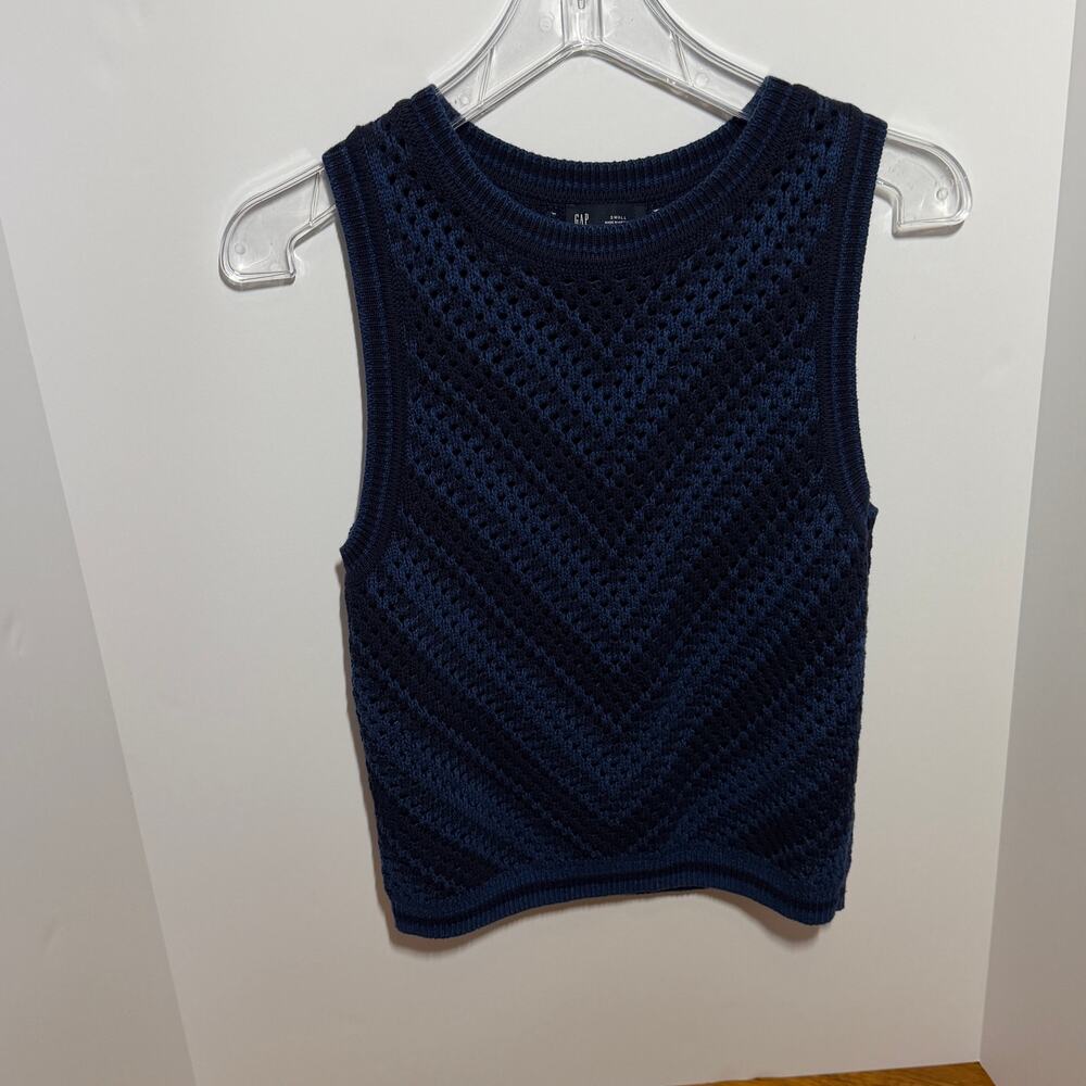 GAP Womens Navy Blue Crochet Knit‎ Sweater Vest Crew Neck Sleeveless Small